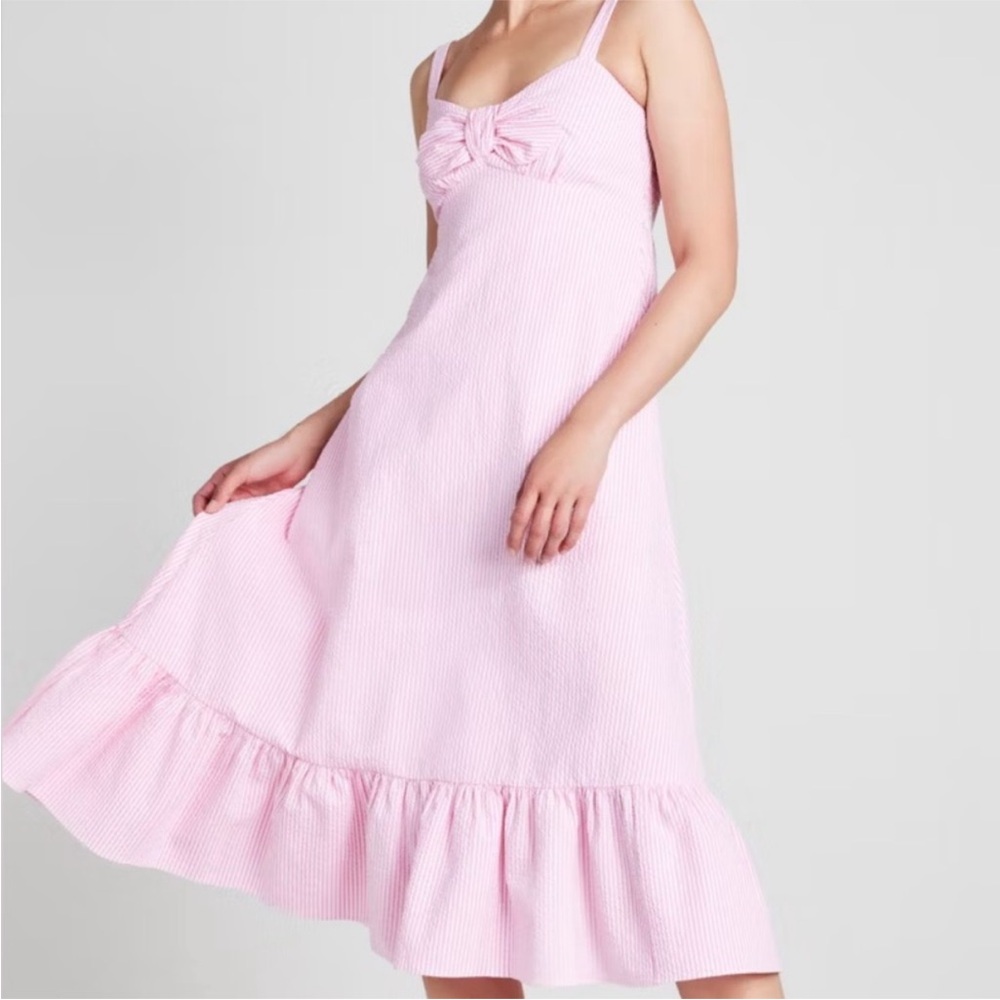 Kate Spade Pink Seersucker Midi Dress with Bow Detail